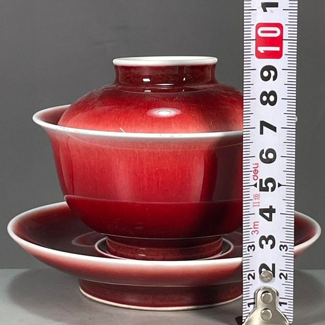Red 1990s Langyao Red Porcelain Gaiwan Tea Set, Ox‑Blood Red Glaze Teacup With Lid & Saucer For Sale - Image 8 of 9