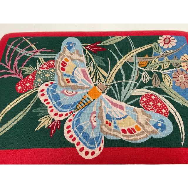 Handmade Needlepoint Bench With Butterfly For Sale - Image 4 of 13
