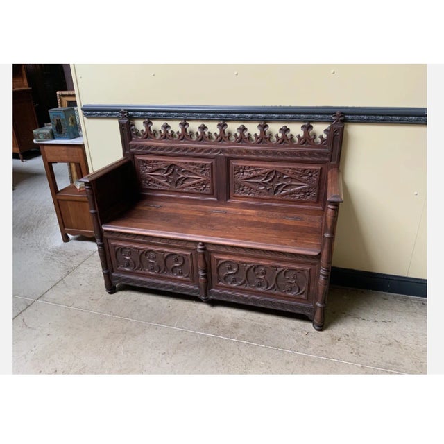 Wood Antique Neo-Gothic Chest Bench, 1880 For Sale - Image 7 of 9