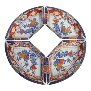 Chinoiserie Navy Red Floral Uniquely Shaped Set of 4 Decorative Bowls