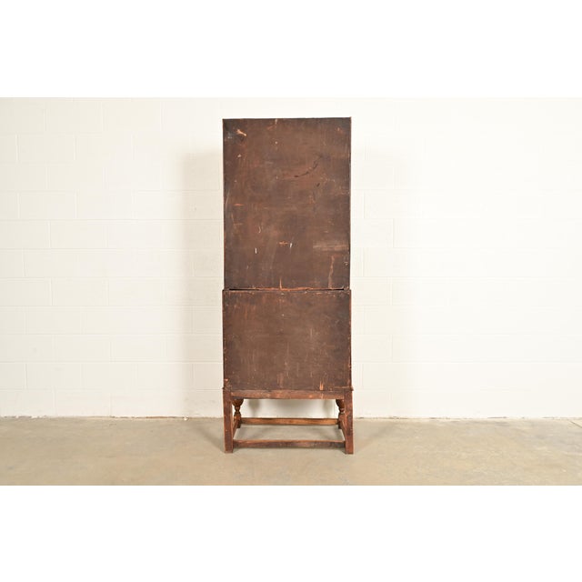 Antique English Art Deco Carved Oak Drop Front Secretary Desk With Leaded Glass Bookcase Hutch For Sale - Image 16 of 17