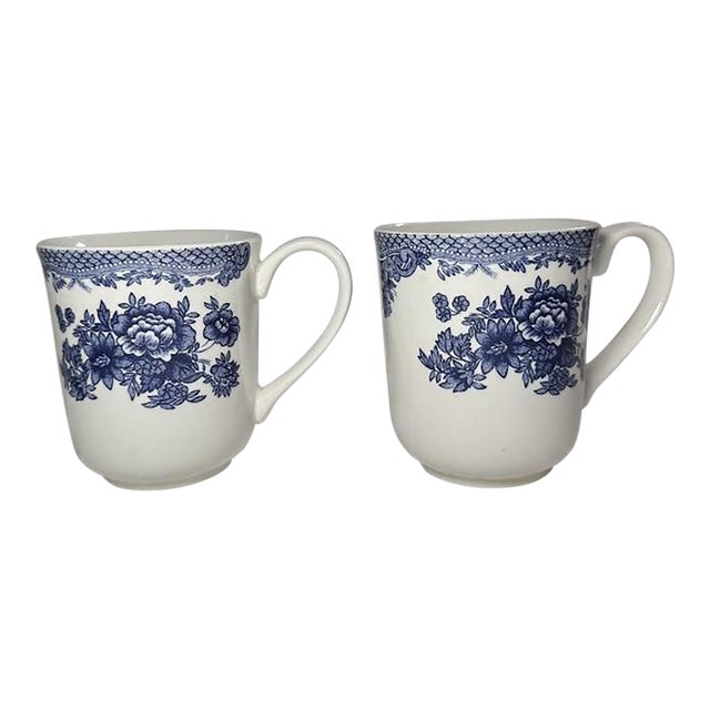 Vintage Pattern Johnson Brothers Asiatic Pheasant Blue Mug - Set of 2, Blue Flowers, Transferware For Sale