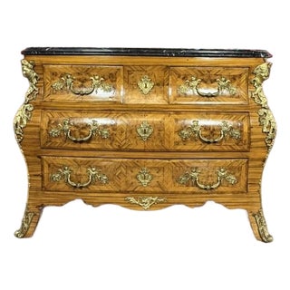 Mid 20th Century Louis XV Style Gilt-Mounted Bombe Commode With Marble Top For Sale