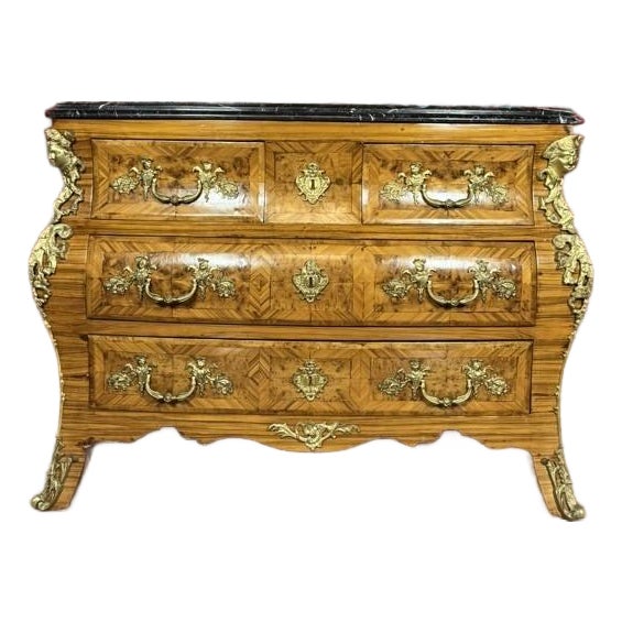 Mid 20th Century Louis XV Style Gilt-Mounted Bombe Commode With Marble Top For Sale