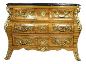 Mid 20th Century Louis XV Style Gilt-Mounted Bombe Commode With Marble Top