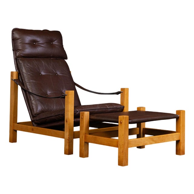 Set of Leather Armchair with Ottoman For Sale