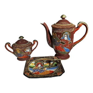 Satsuma Moriage Gilded Hand Painted Teapot, Sugar Bowl & Lemon Dish 1930s