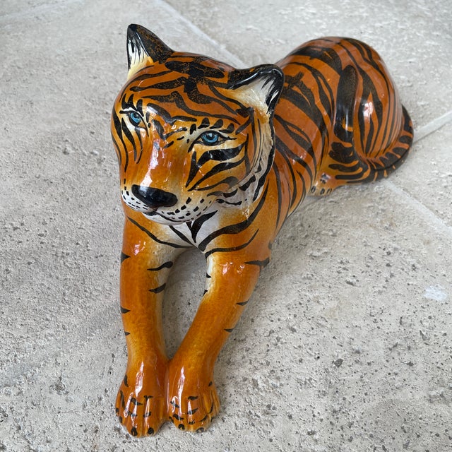 This is a vintage, hand-painted ceramic tiger statue, likely made in Italy during the mid-century modern .It features a...