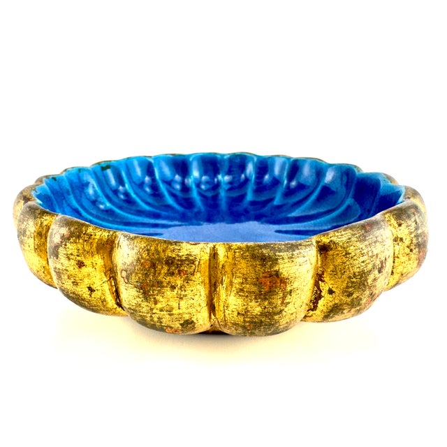 Vintage Italian Blue Crackle Glaze & Gilt Scalloped Ceramic Bowl For Sale In Little Rock - Image 6 of 11