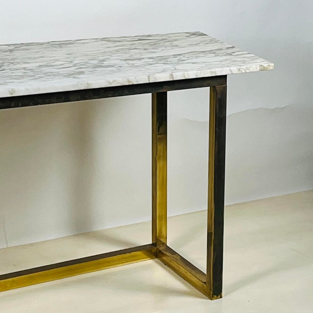 1970s Chic Minimalist Patinated Brass and Marble Console or Library Table For Sale - Image 5 of 11
