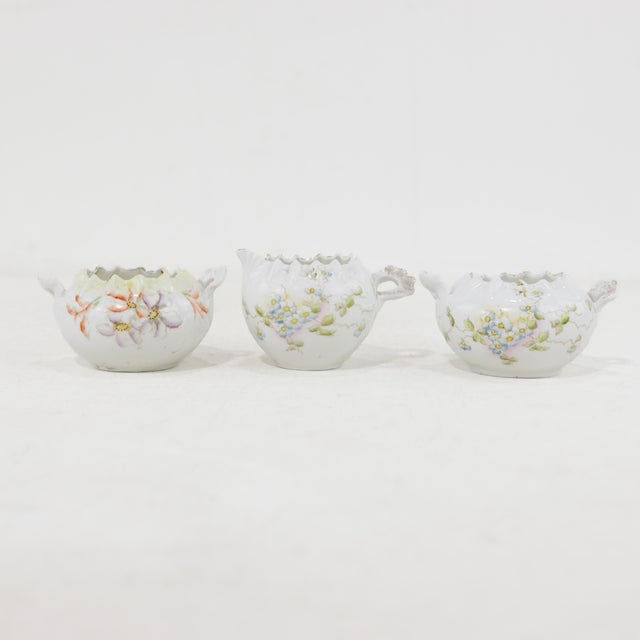 Set of Three Victorian Porcelain Mini Creamers & Sugar Bowls With Floral Embossing For Sale - Image 12 of 12