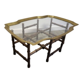 Hollywood Regency Faux Bamboo Brass & Glass Coffee Table For Sale