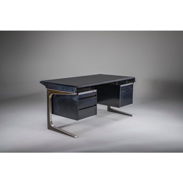 Striking Danish Space Age writing desk attributed to Alex Linder, crafted in the 1970s with sculptural chrome legs and a...