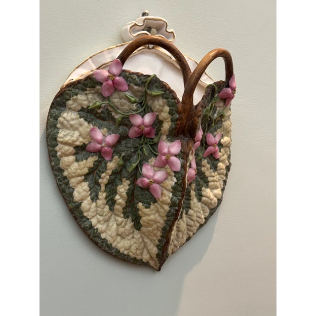 19th Century Majolica Leaf Wall Pocket – Pink Blossoms & Branch Handles – Relief Molded Continental Pottery, George Jones Style For Sale - Image 9 of 16