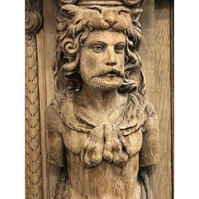 Figurative 19th Century Monumental French Renaissance Figural Carved Oak Bookcase For Sale - Image 3 of 12