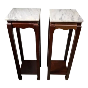 Pair of 1970s Classic Mahogany Square Asian Style Marble Stone Top Fern Stands