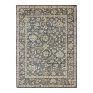 Gray Background Oushak With All-Over Floral Design in Green and Orange For Sale