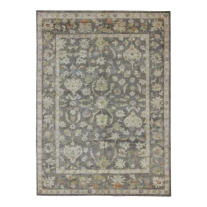 Gray Background Oushak With All-Over Floral Design in Green and Orange