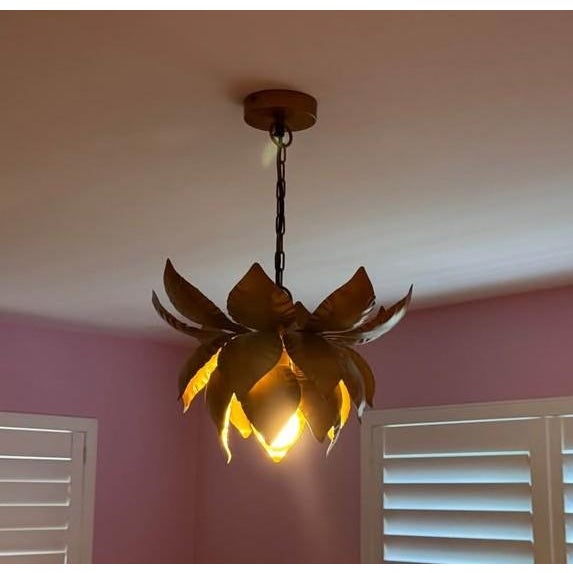 Vintage 1970's Italian Gilt Metal Lotus Flower Pendant/ Chandelier/ Ceiling Fixtures a - Pair For Sale In Miami - Image 6 of 8