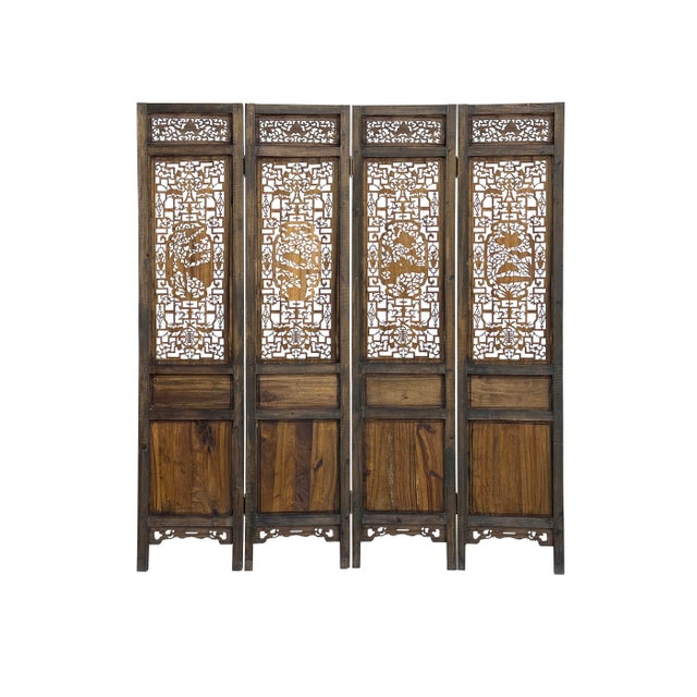 Vintage Finish Openwork Floral 4 Panels Wood Floor Screen Room Divider For Sale - Image 10 of 10
