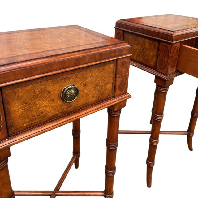 Pair Ethan Allen Faux Bamboo Burl Sofa/Bedside Tables For Sale - Image 12 of 13
