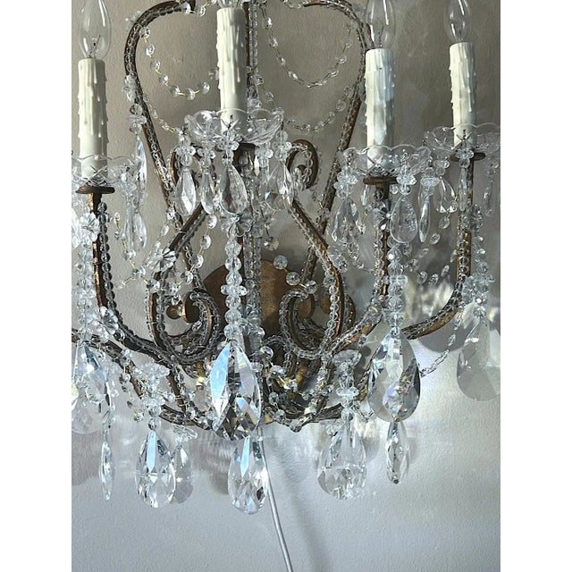 Pair Monumental Light Crystal Beaded French Chateau Sconces Mansion Attr. Dennis Leen For Sale In Los Angeles - Image 6 of 7