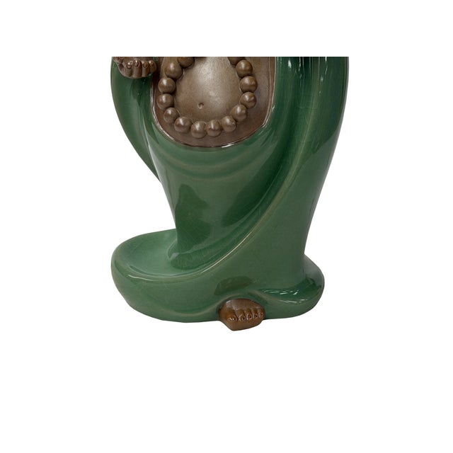Joyful Laughing Buddha Gloss Dark Jade Green Robe Ceramic Coin Bat Ru Yi Figure For Sale - Image 4 of 12