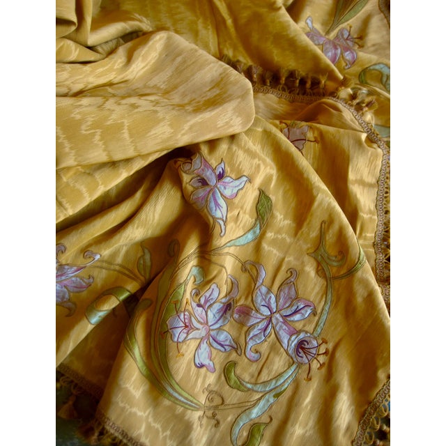 Stunning pair of drapes , in a worm and rich yellow moire silk ornate with a outstanding decor of flowers and leaves in...