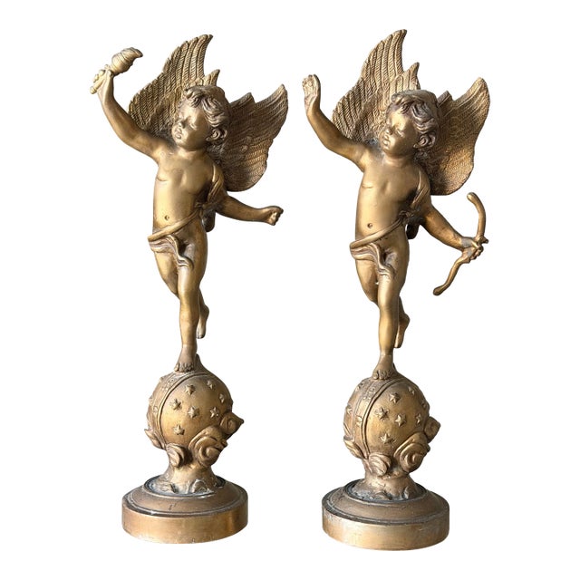 Antique Art Nouveau Brass Cherub Cupid Angel Statue Sculptures in the Style of A. Moreau - A Pair For Sale
