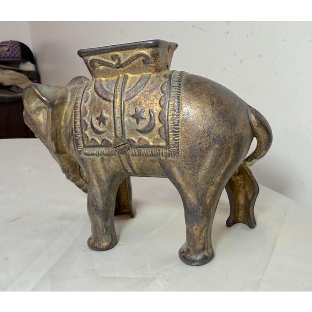1920s Antique 1900's Ac Williams Hand Painted Cast Iron Circus Elephant Still Bank For Sale - Image 5 of 10