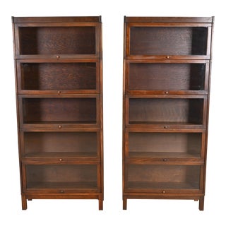 Antique Arts & Crafts Mahogany Five-Stack Barrister Bookcases, Pair For Sale