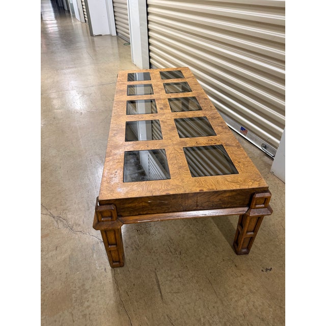 1970s 1970s Vintage Burl Wood Coffee Table Square Smoked Glass MCM For Sale - Image 5 of 8