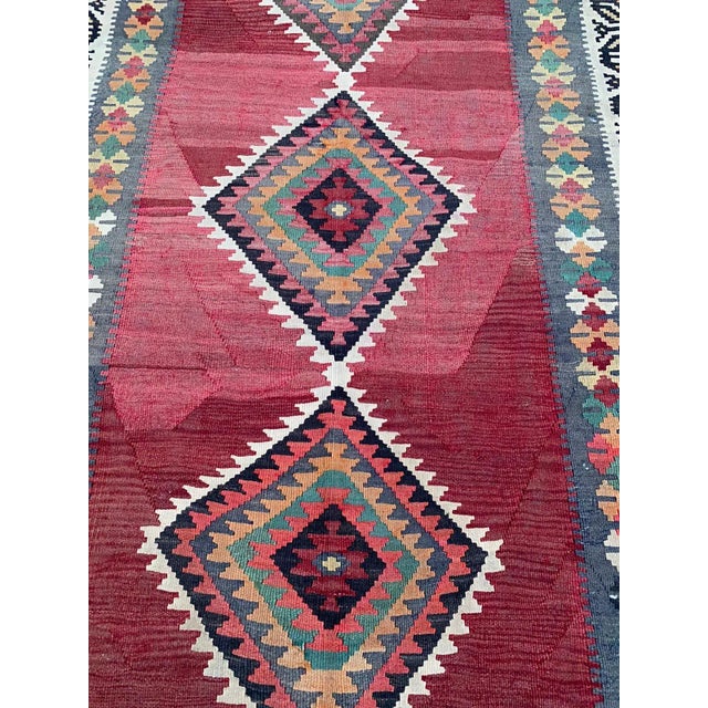 Vintage Turkish Tribal Coral Color Handmade Kilim Runner Rug For Sale - Image 4 of 10