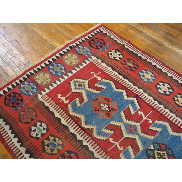1890s Red Geometric Tribal Antique Kilim Oushak Rug 4'10" X 9'7" Flatweave Wool Carpet For Sale - Image 4 of 4
