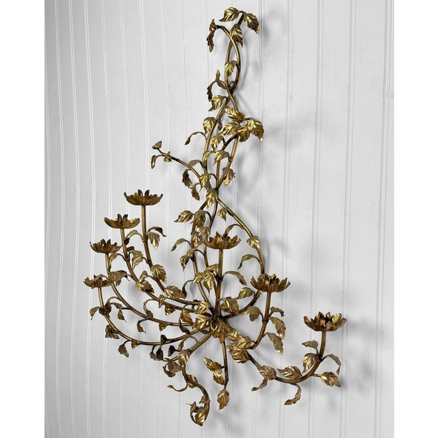 Vintage 47" Italian Rococo Gold Gilded Floral Vine Wall Hanging Candle Sconce For Sale - Image 4 of 9