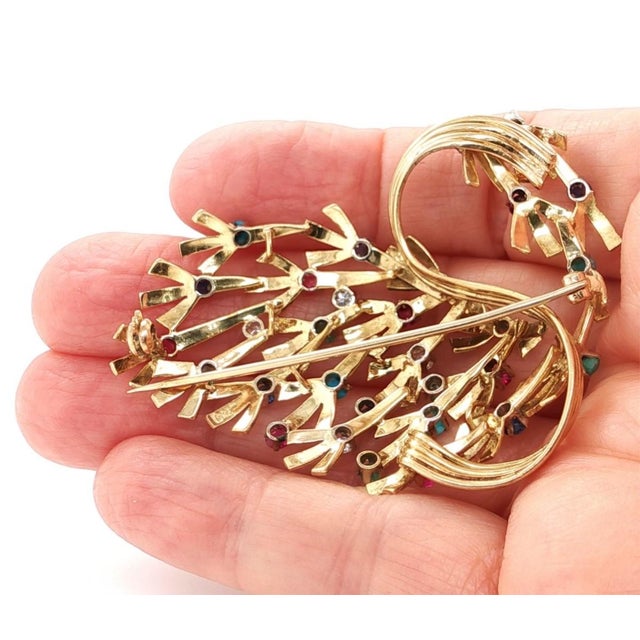 Mid 20th Century Mid 20th Century Diamond Multicolor Gems 18k Yellow Gold Large Floral Bouquet Brooch Pin For Sale - Image 5 of 11