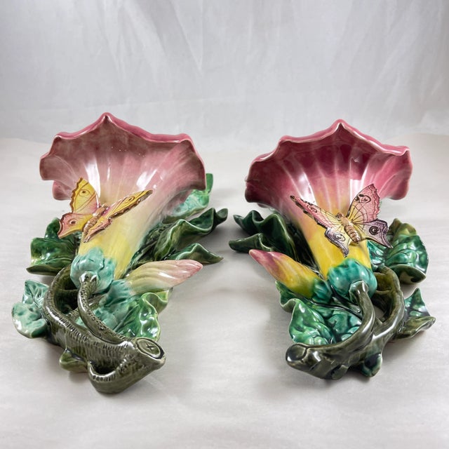 Art Nouveau French Fives-Lille De Bruyn Morning Glory & Butterfly Wall Pockets, 1890, a Pair For Sale - Image 3 of 12