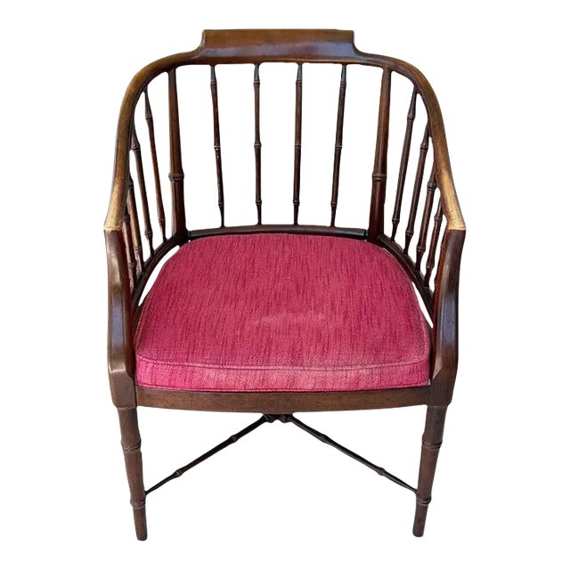1960s Hollywood Regency Chippendale Brown and Red Faux Bamboo Wood Barrel Arm Chair For Sale