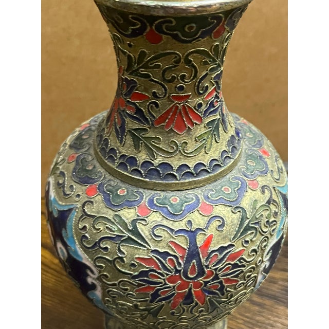 1980s Vintage Chinese Cloisonné Enamel Vase With Pink Peony & Floral Motif, Beijing, China For Sale - Image 5 of 8