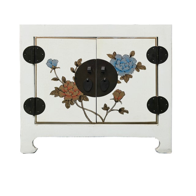 Off-white Chinese Off White Vinyl Moon Face Flower Graphic End Table Nightstand For Sale - Image 8 of 12