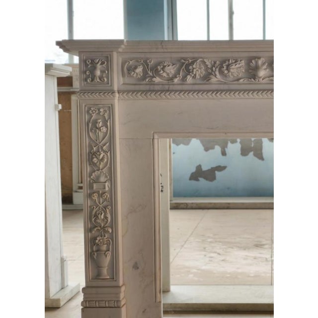 Neoclassical Hand-Carved White Marble Fireplace Mantle For Sale - Image 3 of 6