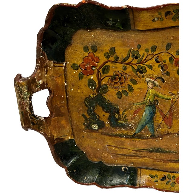 Large 18th century wooden Venetian tray with Chinoiserie decoration. Florals and Chinese figures in colors of red, green...