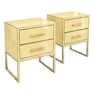Butter Yellow Murano Glass Nightstands with Brass Loop Bases from Justfurnituress SRL, Set of 2 For Sale