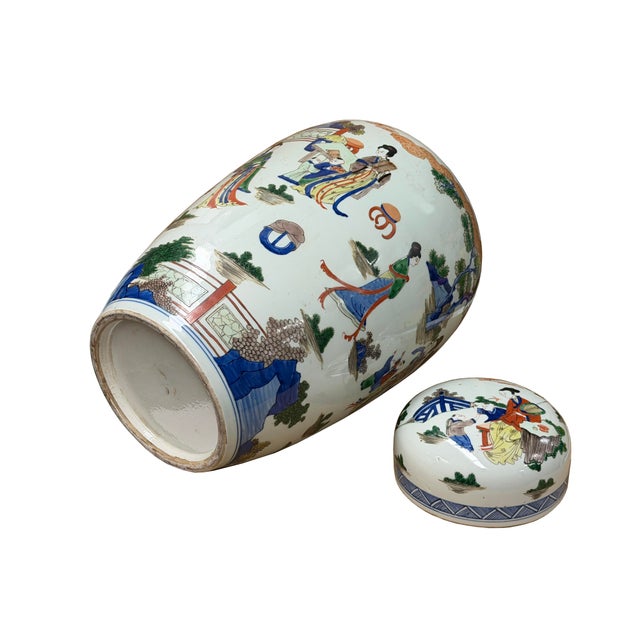 Oriental Color Family Gathering Graphic White Base Porcelain Jar For Sale - Image 13 of 18