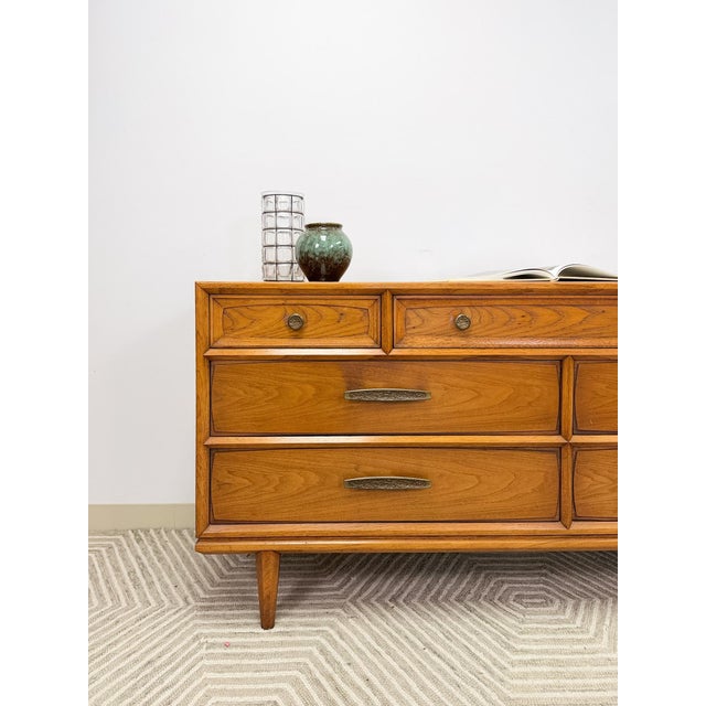 Heritage MCM Lowboy 7-Drawer Dresser Unique Brass Pulls Vintage Long Dresser For Sale - Image 13 of 14