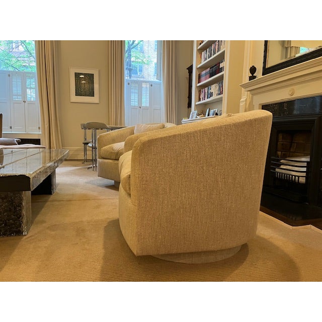 Pair of Custom Swivel Club Chairs in Soft Silver-Gray Textured Upholstery For Sale - Image 4 of 9