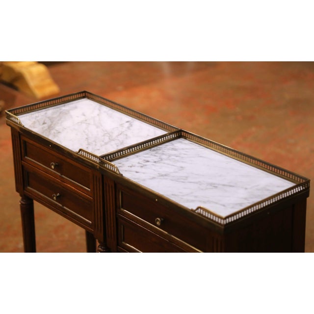 Pair of Vintage French Louis XVI Marble Top Mahogany Two-Drawer Nightstands For Sale - Image 4 of 14