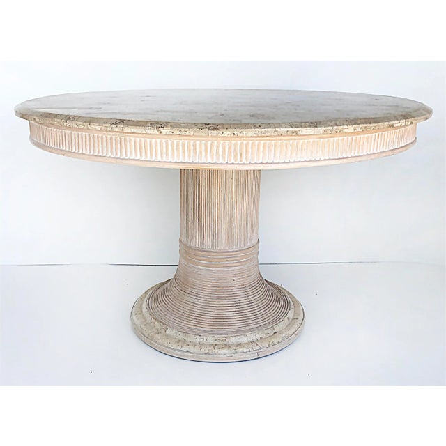 Set of Crespi Style Reed Chairs and Tessellated Stone Table Offered for sale is a round pedestal table with a tessellated...