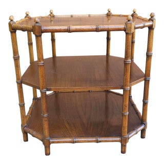 Mid Century Walnut and Faux Bamboo Two Tier Octogonal Side Table For Sale