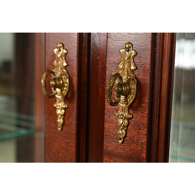 Wood Ethan Allen Georgian Inlaid Mahogany Lighted Breakfront Bookcase Cabinet For Sale - Image 7 of 14